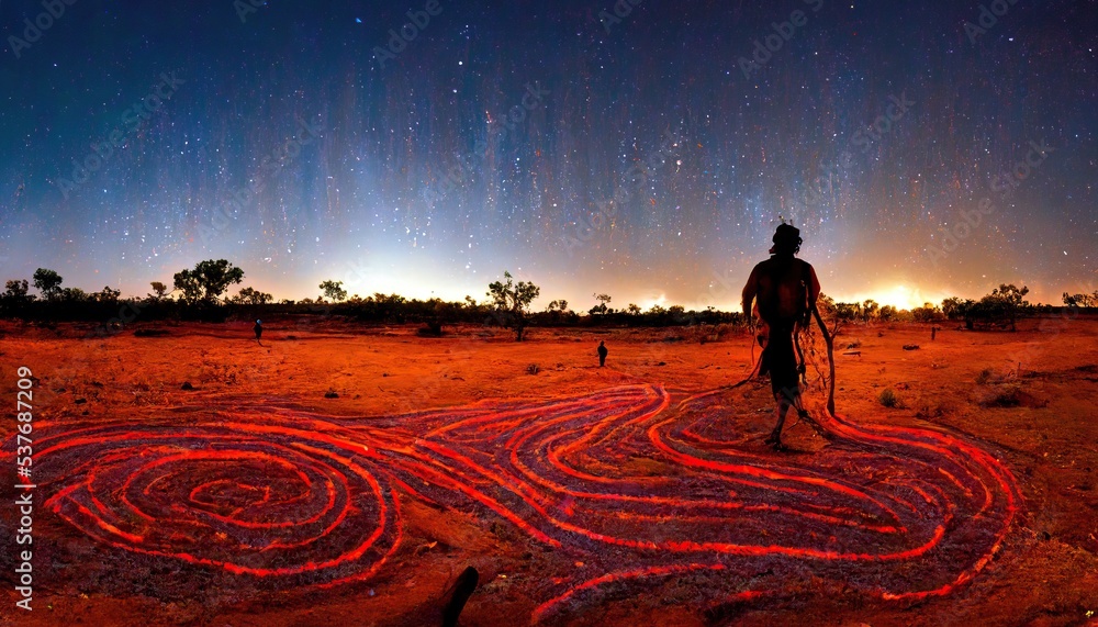 Songlines are the Australian Aboriginal walking routes that crossed the country, linking important sites and locations - obrazy, fototapety, plakaty 
