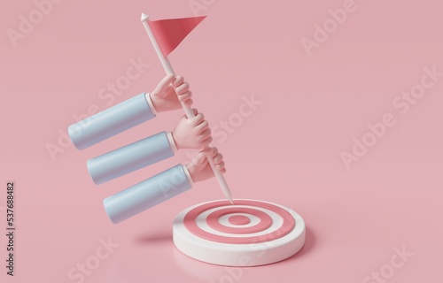 Hands of people helping to put flag on target, collaboration or teamwork for business success, assistance to reach goal concept, 3d render illustration.
