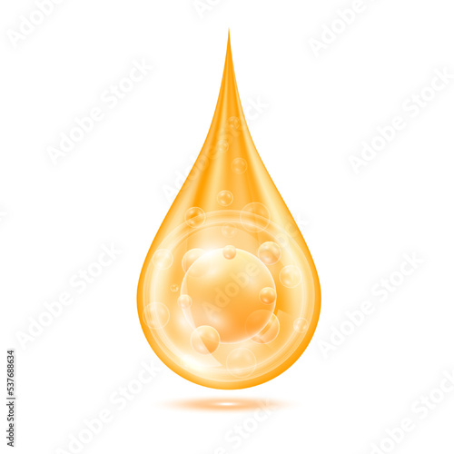 Vitamins collagen serum water drop isolated on white background. Solution complex orange shining with oxygen bubbles. Beauty skin care cosmetics. Medical scientific concepts. 3D Realistic Vector.