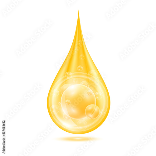 Vitamins collagen serum water drop isolated on white background. Solution complex orange shining with oxygen bubbles. Beauty skin care cosmetics. Medical scientific concepts. 3D Realistic Vector.