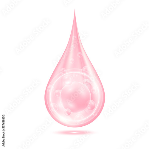 Collagen serum water drop isolated on white background. Solution complex pink shining with oxygen bubbles. Beauty skin care cosmetics. Medical scientific concepts. 3D Realistic Vector.