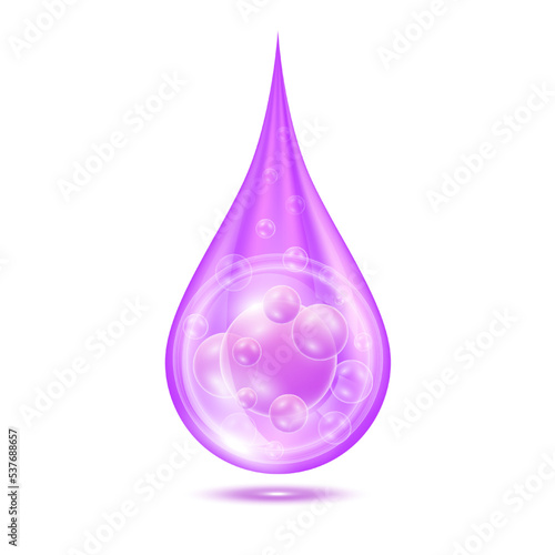 Vitamins collagen serum water drop isolated on white background. Solution complex purple shining with oxygen bubbles. Beauty skin care cosmetics. Medical scientific concepts. 3D Realistic Vector.