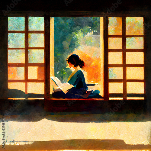 Woman by the window reading a book