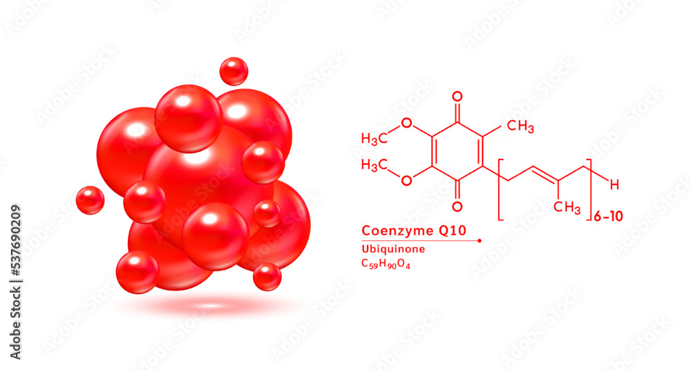 Coenzyme Q10 red structural chemical formula. Hyaluronic acid skin