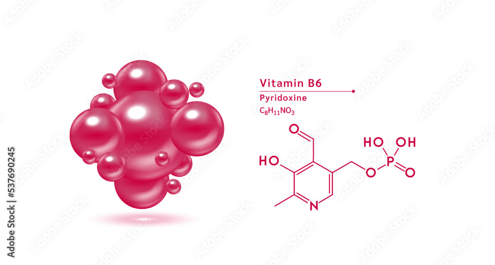 Vitamin B6 purple structural chemical formula. Hyaluronic acid skin collagen serum. Vitamin complex isolated on white background. Medical scientific concepts. 3D vector illustration.