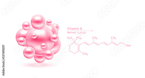 Vitamin A pink structural chemical formula. Hyaluronic acid skin collagen serum. Vitamin complex isolated on white background. Medical scientific concepts. 3D vector illustration.
