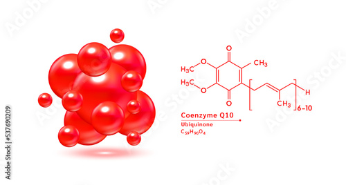 Coenzyme Q10 red structural chemical formula. Hyaluronic acid skin collagen serum. Vitamin complex isolated on white background. Medical scientific concepts. 3D vector illustration.