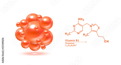 Vitamin B1 orange structural chemical formula. Hyaluronic acid skin collagen serum. Vitamin complex isolated on white background. Medical scientific concepts. 3D vector illustration.