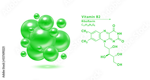 Vitamin B2 green structural chemical formula. Hyaluronic acid skin collagen serum. Vitamin complex isolated on white background. Medical scientific concepts. 3D vector illustration.