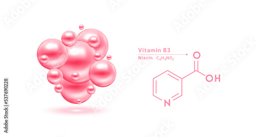 Vitamin B3 pink structural chemical formula. Hyaluronic acid skin collagen serum. Vitamin complex isolated on white background. Medical scientific concepts. 3D vector illustration.