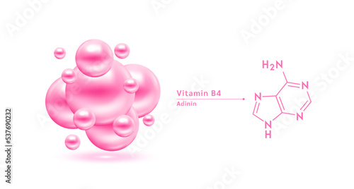 Vitamin B4 pink structural chemical formula. Hyaluronic acid skin collagen serum. Vitamin complex isolated on white background. Medical scientific concepts. 3D vector illustration.