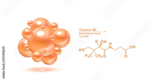 Vitamin B5 orange structural chemical formula. Hyaluronic acid skin collagen serum. Vitamin complex isolated on white background. Medical scientific concepts. 3D vector illustration.