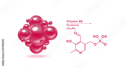 Vitamin B6 purple structural chemical formula. Hyaluronic acid skin collagen serum. Vitamin complex isolated on white background. Medical scientific concepts. 3D vector illustration.