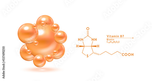 Vitamin B7 orange structural chemical formula. Hyaluronic acid skin collagen serum. Vitamin complex isolated on white background. Medical scientific concepts. 3D vector illustration.