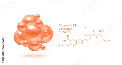 Vitamin B9 orange structural chemical formula. Hyaluronic acid skin collagen serum. Vitamin complex isolated on white background. Medical scientific concepts. 3D vector illustration.