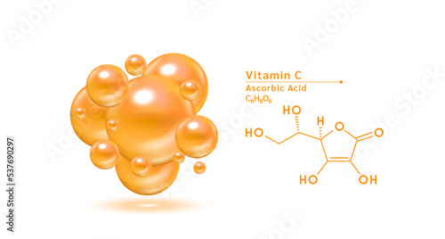 Vitamin C orange structural chemical formula. Hyaluronic acid skin collagen serum. Vitamin complex isolated on white background. Medical scientific concepts. 3D vector illustration.