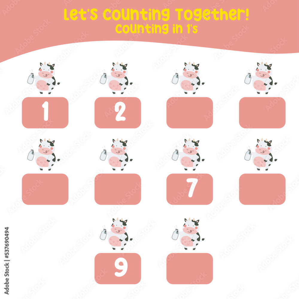 Counting in 1's printable worksheet for toddlers. Counting printable page farm animals. cute vector illustration file. Counting practice for kids. Vector file. Kawaii hand drawing vector. Counting in 1's printable worksheet for toddlers. Counting printable page farm animals. cute vector illustration file. Counting practice for kids. Vector file. Kawaii hand drawing vector.
