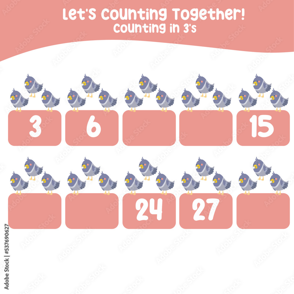 Fototapeta premium Counting in 3's printable worksheet for toddlers. Counting printable page farm animals. cute vector illustration file. Kawaii hand drawing vector.