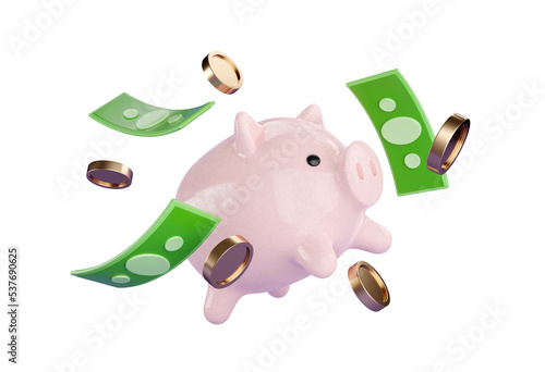 3d Piggy bank with falling gold coin and green cash money.