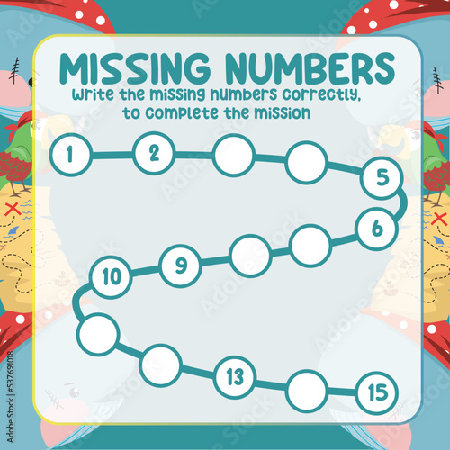 Math worksheet for kids ready to print file. Counting exercise for children pirate theme. Write the missing number correctly. Educational printable math worksheet. Counting practice for toddlers.