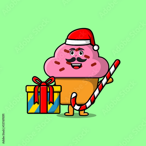 cute cartoon Cupcake santa clause character is bringing candy cane and boxes christmas 