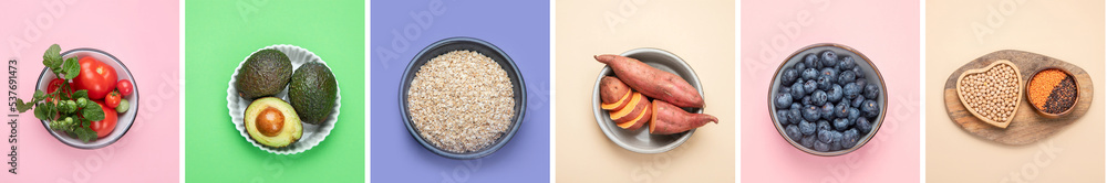 Healthy food selection on color background Healthy food selection on color background