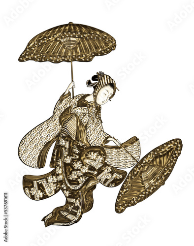 Fototapeta Naklejka Na Ścianę i Meble -  浮世絵　傘をさしている少女　その2　ゴールドバージョン