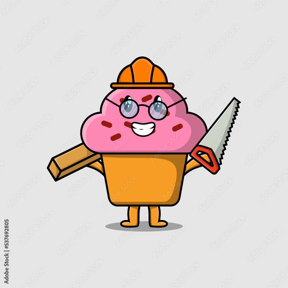 Cute cartoon Cupcake as carpenter character with saw and wood in flat modern style design Cute cartoon Cupcake as carpenter character with saw and wood in flat modern style design