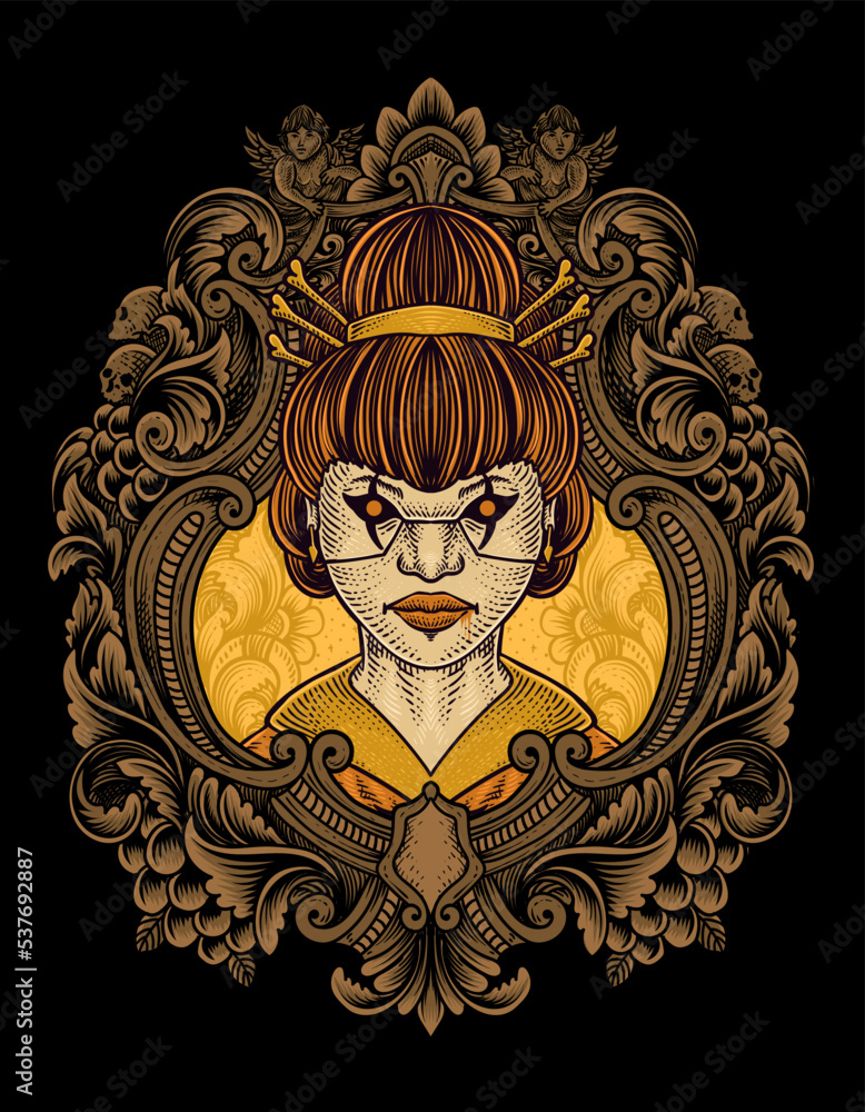 Obraz premium illustration geisha lady with engraving ornament frame
