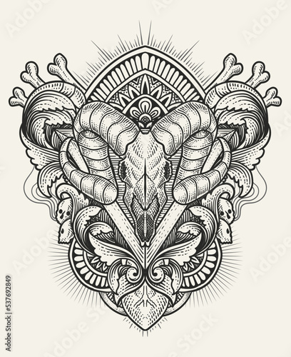 illustration Goat skull with antique engraving ornament style Good for all clothing and merchandise