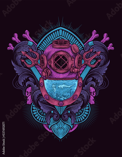 illustration wolf head with antique engraving ornament on black background