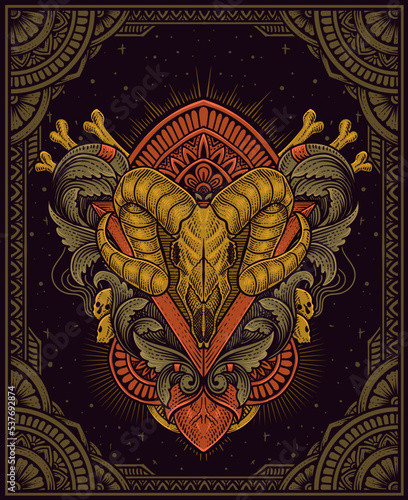 illustration Goat skull with antique engraving ornament style Good for all clothing and merchandise