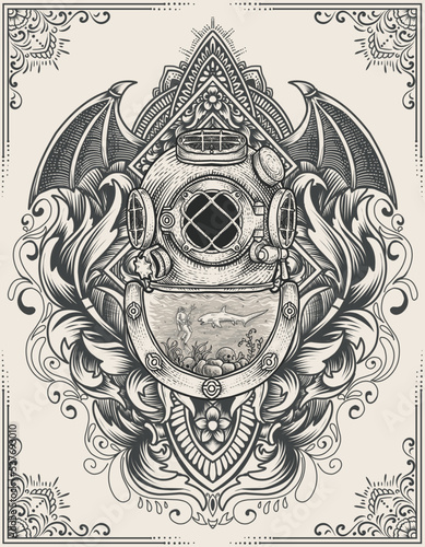 illustration antique diving helmet with vintage engraving ornament