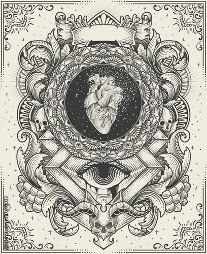 illustration antique heart with vintage engraving ornament
