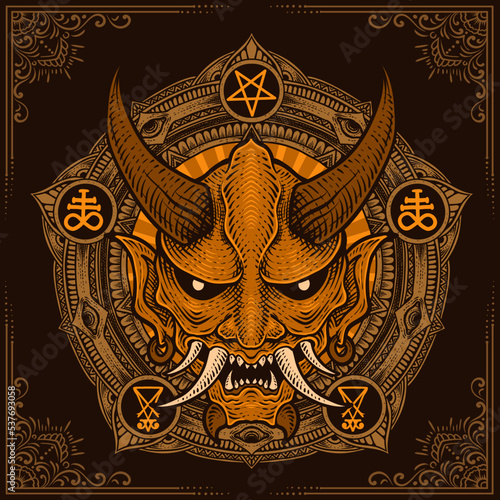 illustration oni mask with engraving ornament