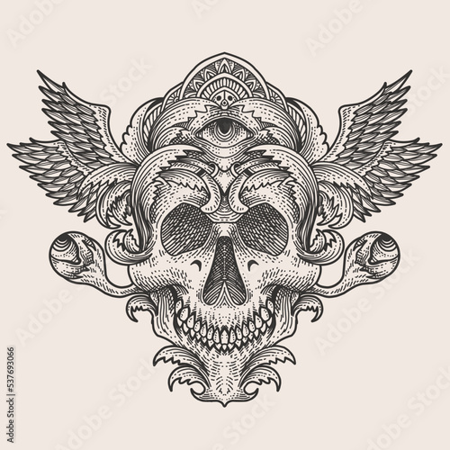 illustration skull head with engraving ornament style