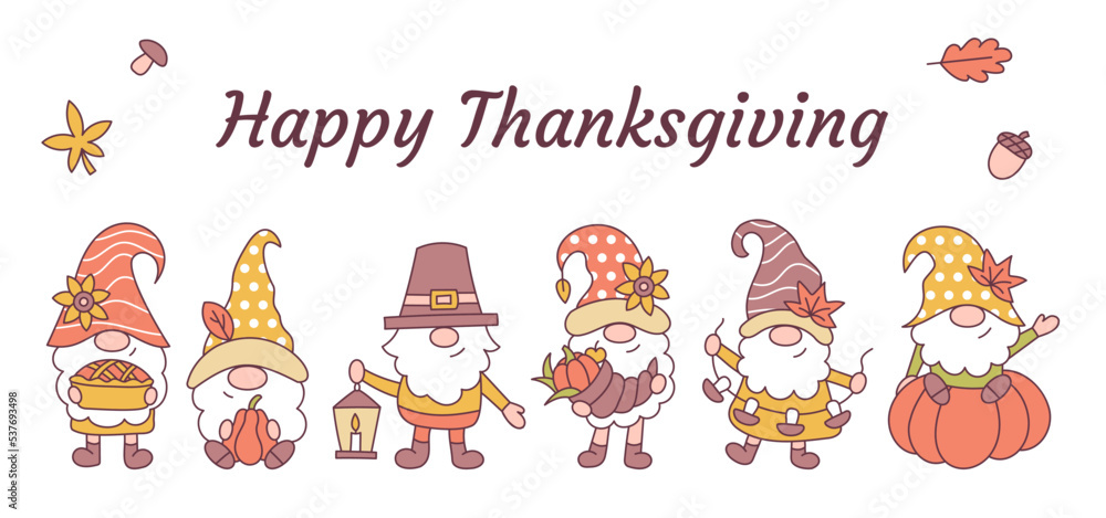 Happy Thanksgiving day. Cute holiday banner or card with little autumn gnomes. Cartoon style. Fall vector illustration.