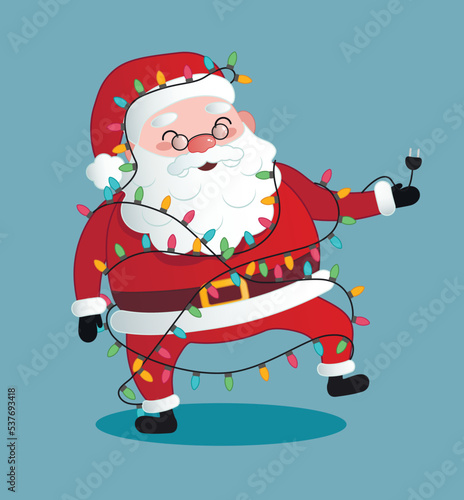 Funny Santa Claus with electric garland on blue background