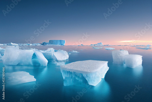 Glaciers floating in icy water, Icebergs in the ocean