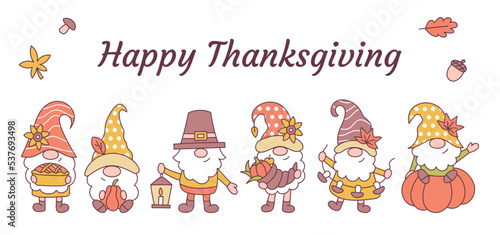 Happy Thanksgiving day. Cute holiday banner or card with little autumn gnomes. Cartoon style. Fall vector illustration.