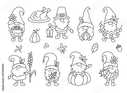 Cute Thanksgiving day clipart. Funny autumn gnomes. Doodle style. Outline vector illustration.
