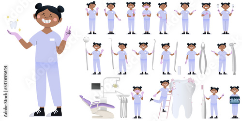 Set of female dentist with different equipment on white background