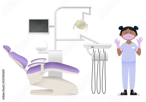 Female dentist with modern equipment on white background