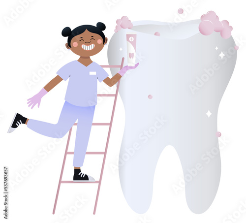 Female dentist with paste and big tooth on white background