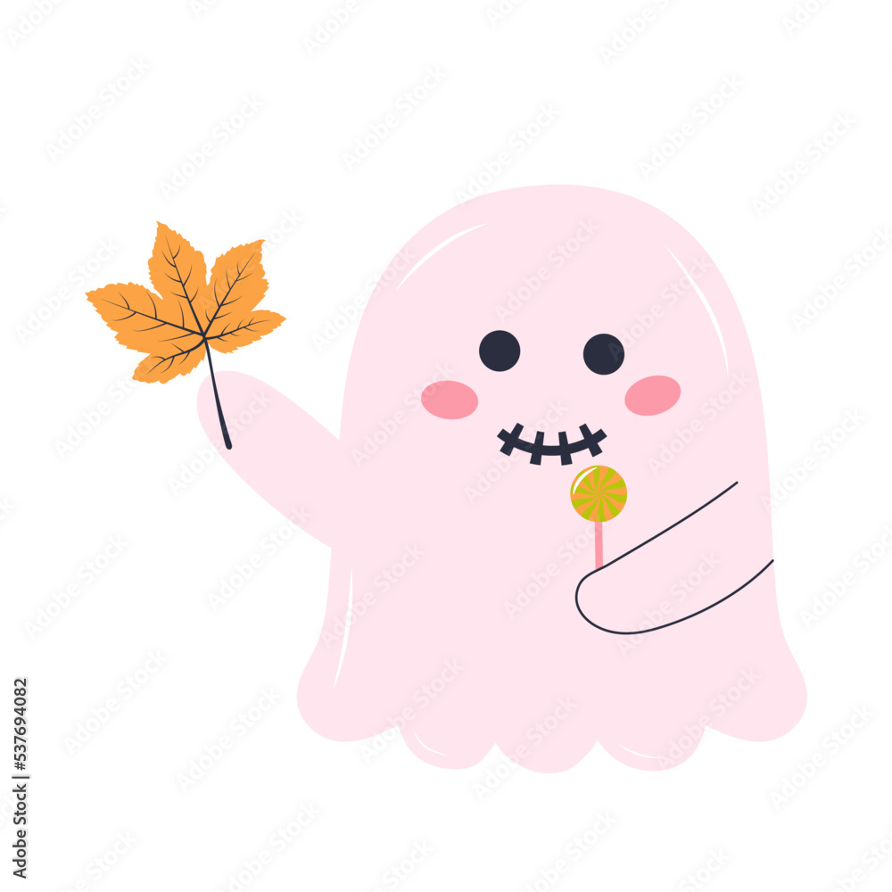 Cute pink ghost with lollipop and autumn leaf. Halloween character isolated on white background. Cute pink ghost with lollipop and autumn leaf. Halloween character isolated on white background.