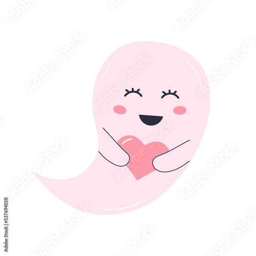 Cute pink ghost with a heart. Halloween character isolated on white background.