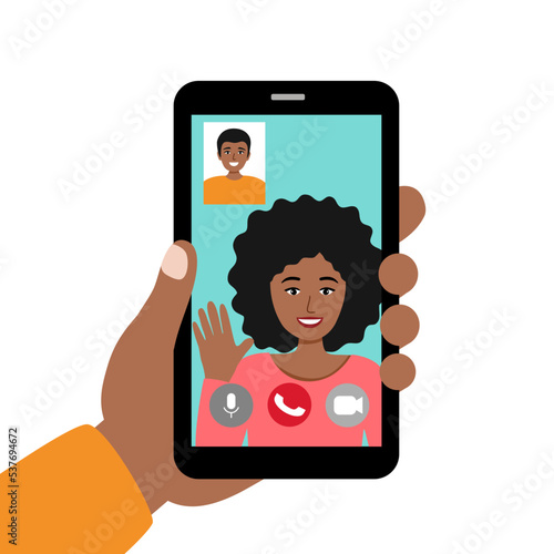 Man and woman make a video call concept vector illustration. Long distance relationship between friends, loving couple or marriage husband and wife. Online talk on smartphone via internet.