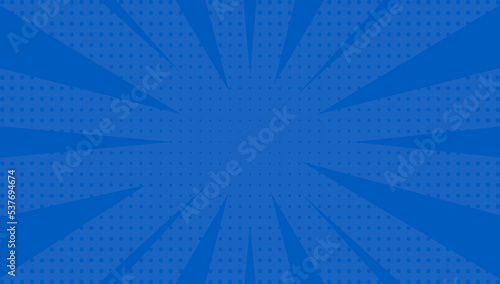 Blue pop art background with halftone dots and rays.