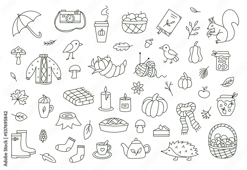 Autumn doodle set. Outline vector.