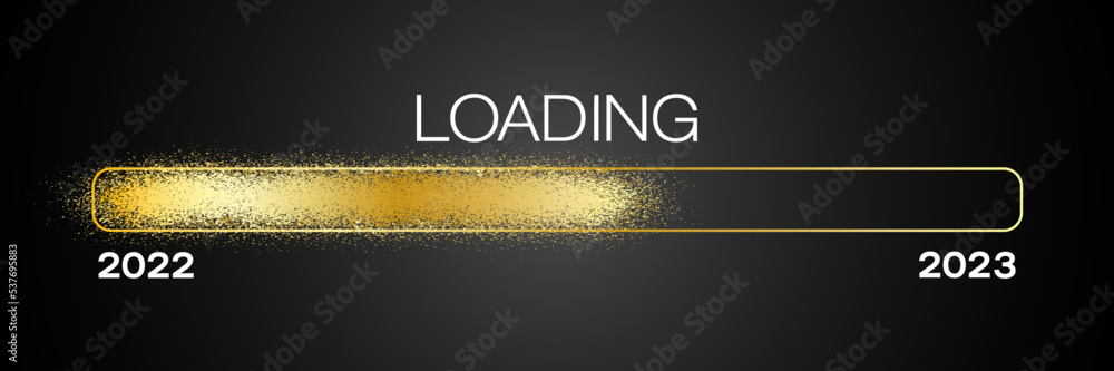 Vector - Loading bar in gold with the message loading 2023 over dark background - new year concept - represents the new year 2023.